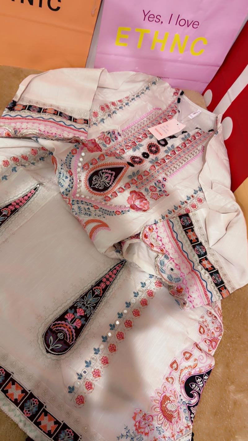 Long off white heavy embroidery kaftan shirt 8500