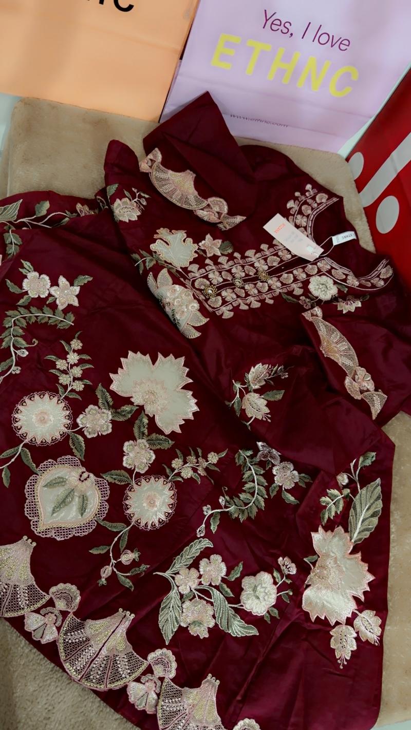 Ethnc Mehroon shirt long embroidered 6500