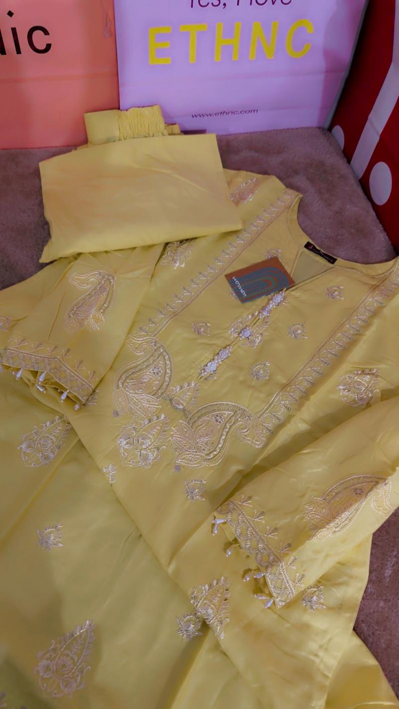 Butter lemon lawn dress embroidered