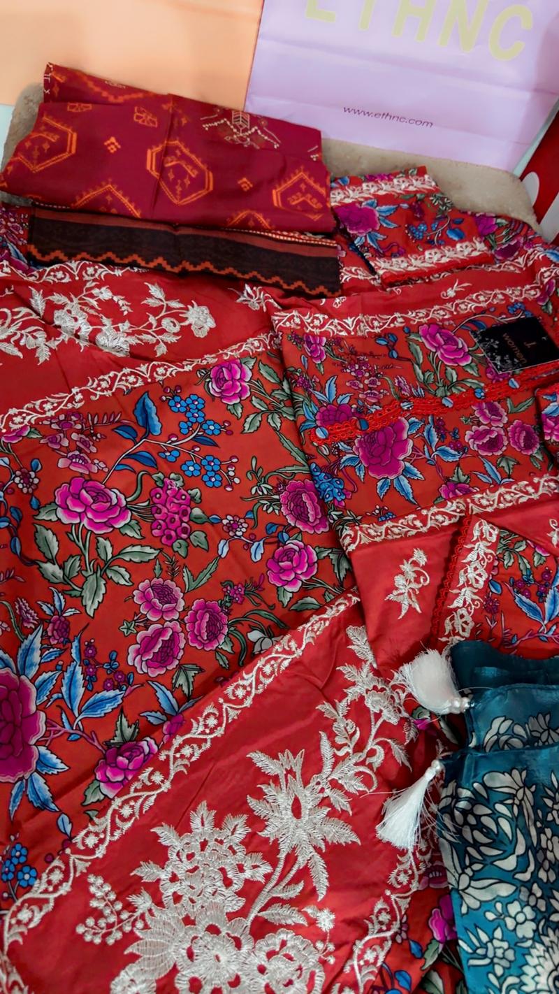 Lawn embroidery red 3pc