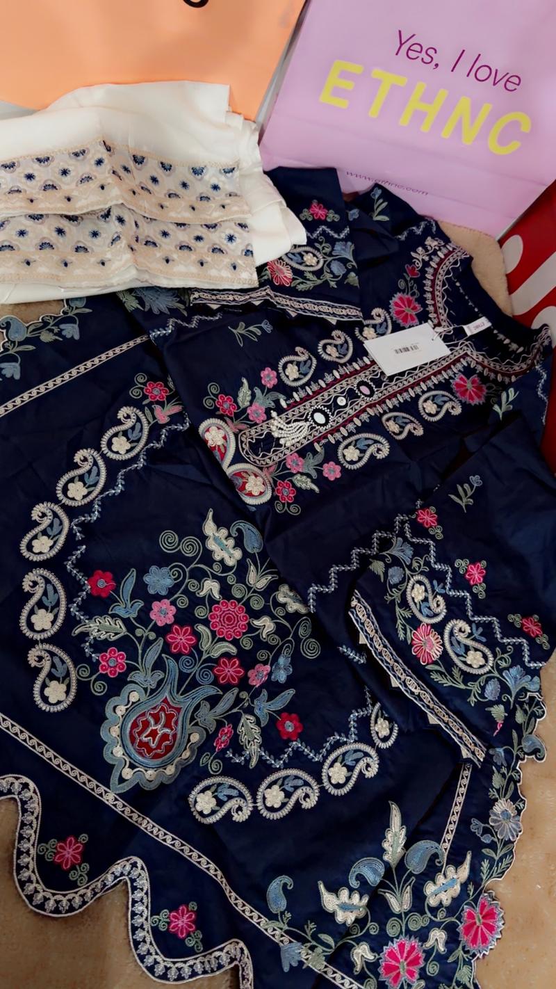 Blue 2pc front back heacyy embroidery long shirt trouser