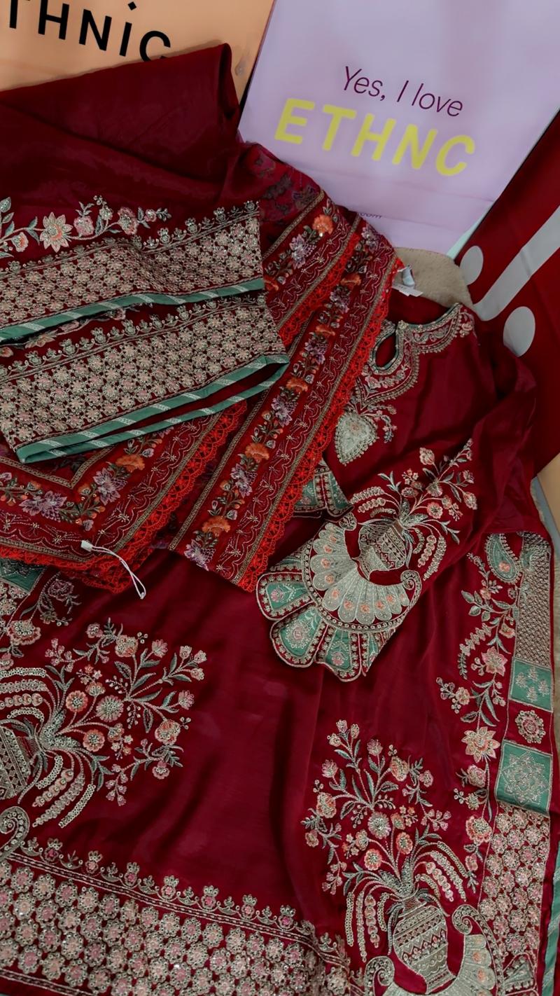 Ethnc botique Mehroon 15500 without dupta 2pc avb