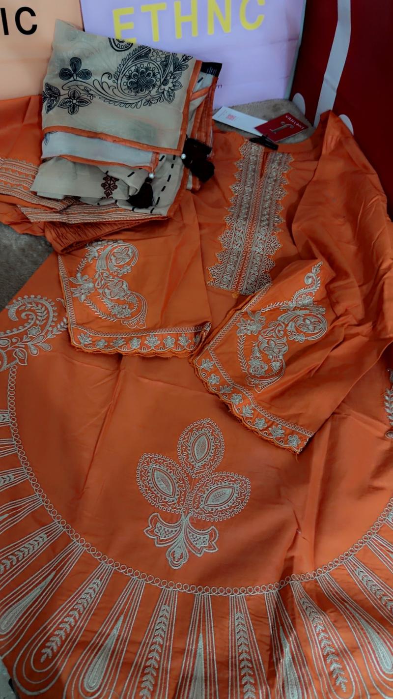 Orange 3pc embroidery lawn dress 