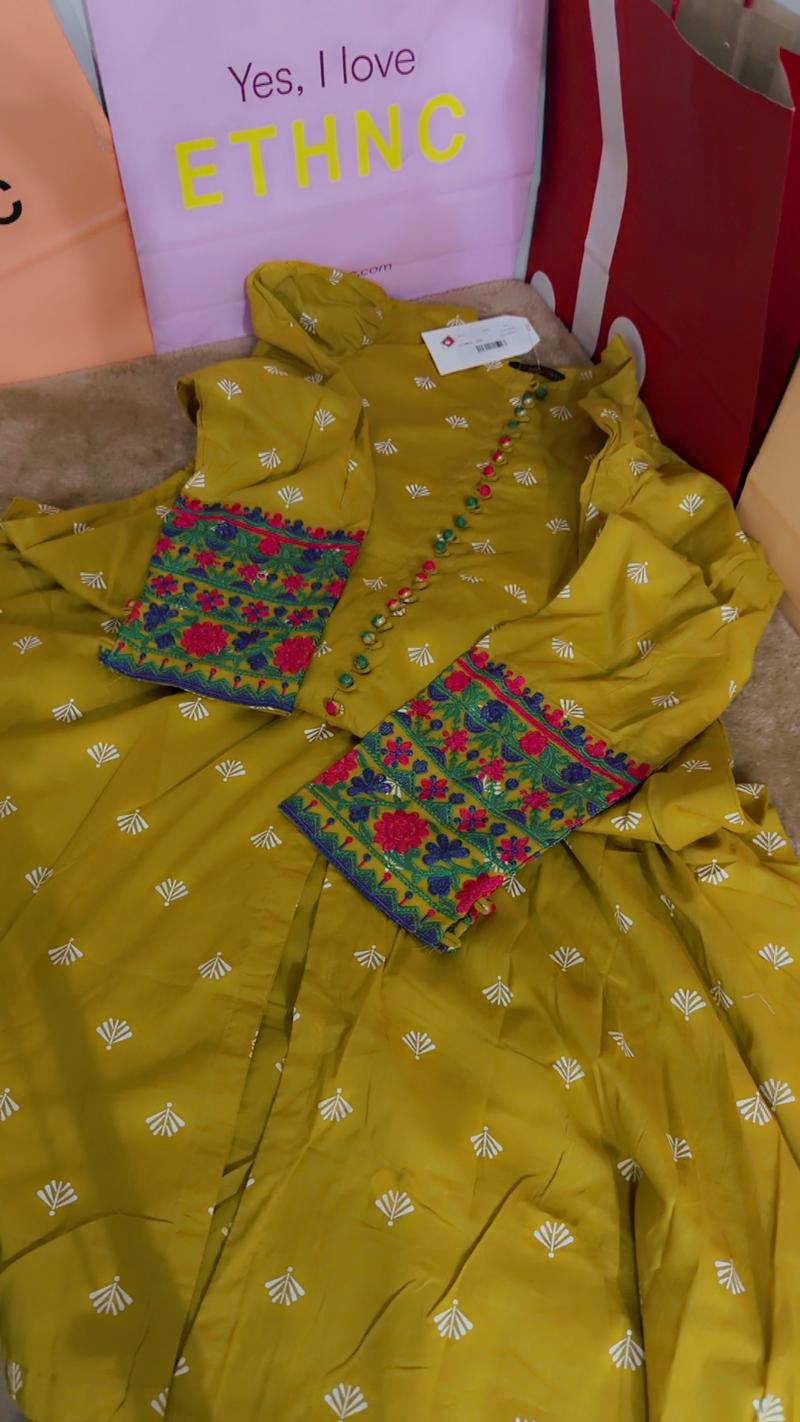 Girls lawn embroidery frock yellow 