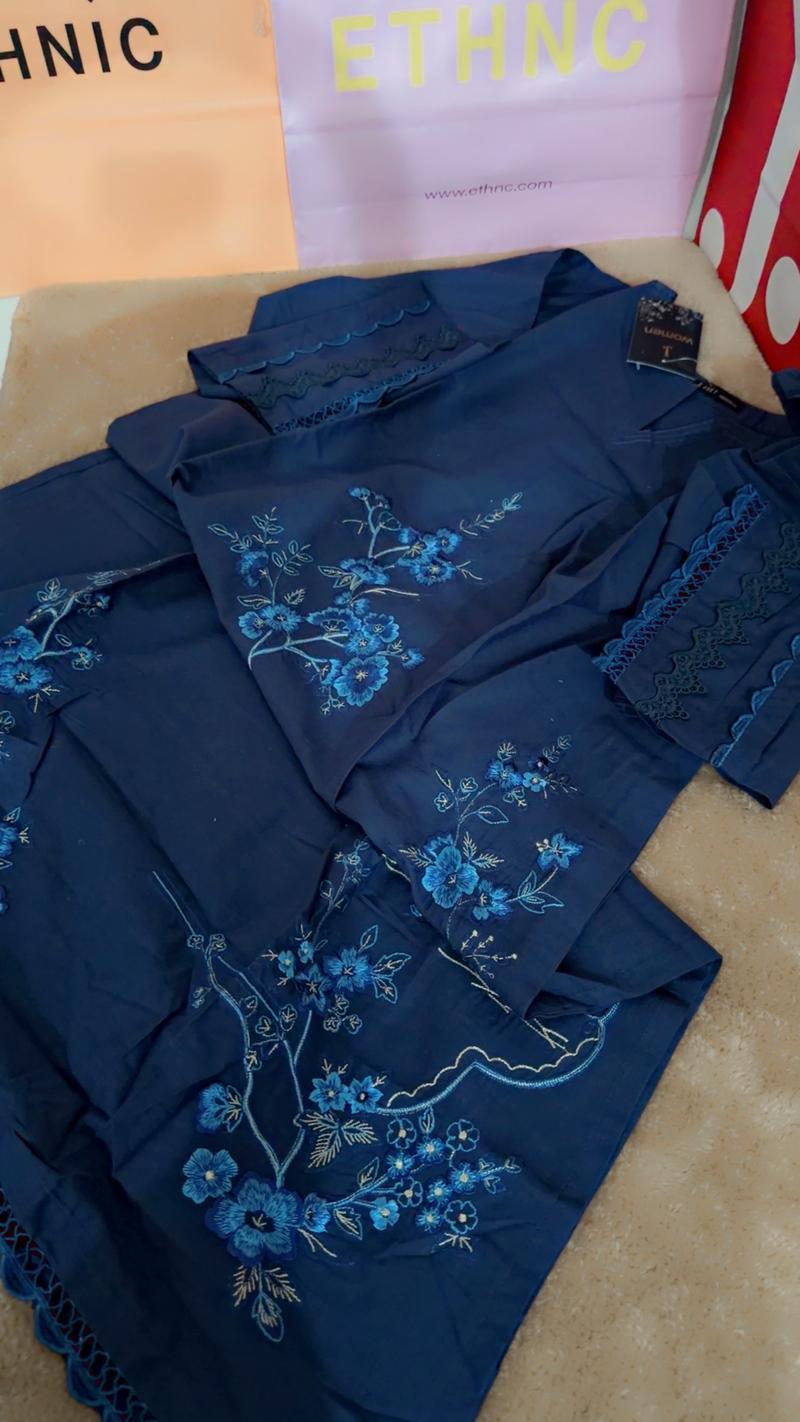 Lawn many blue shirt embroidered 
