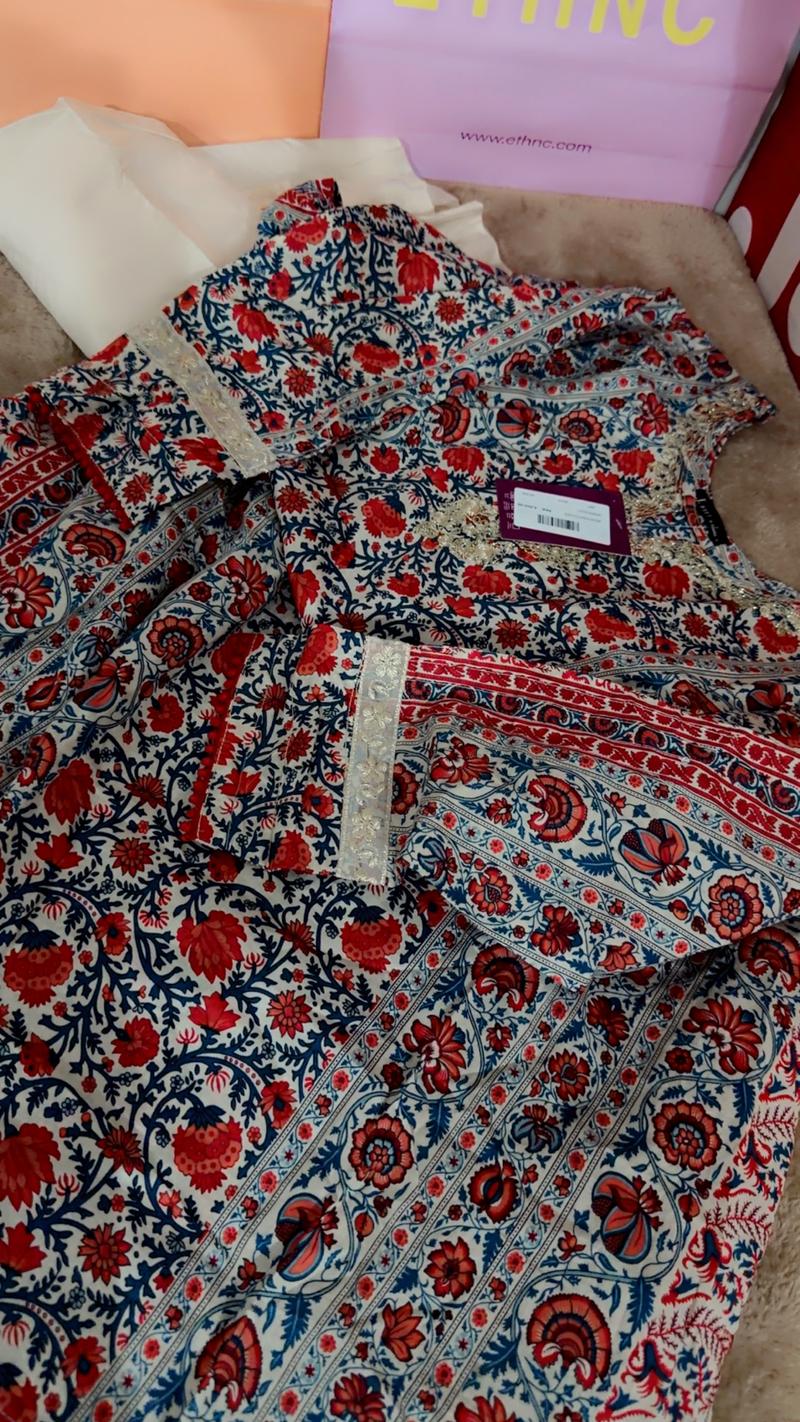 Summer red blue mix alone frock 2pc lawn 5950