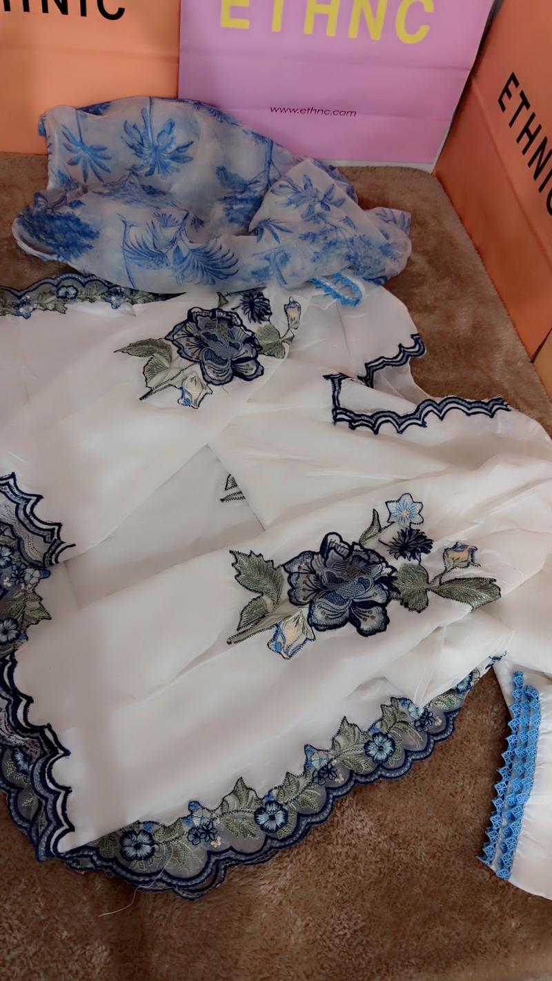 3pc lawn suit white blue 