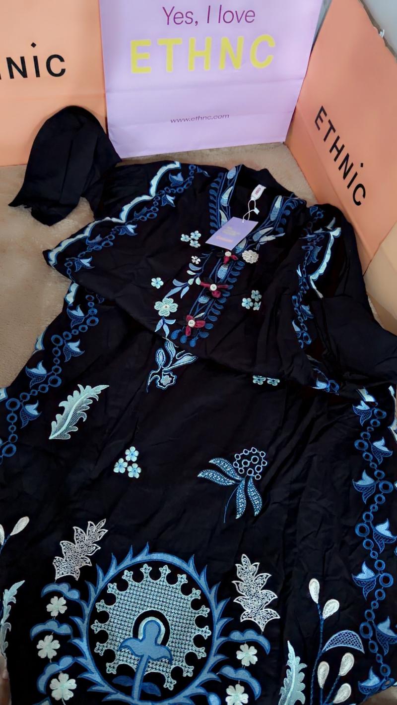 Ethnc black blue dress lawn