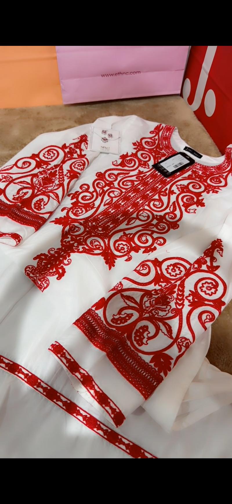 Heavy embroidery red white shirt 