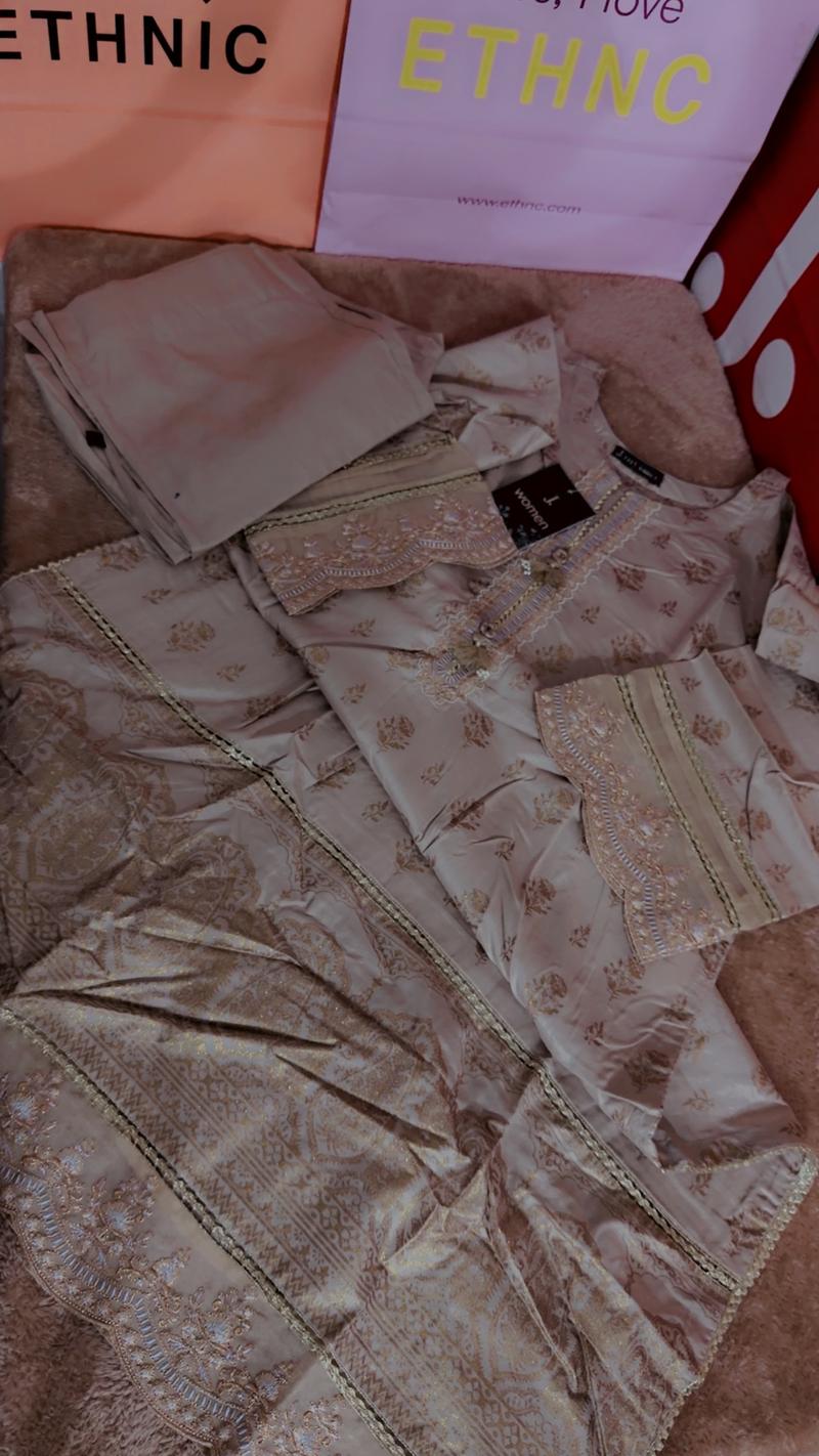 Beige embroidery print suit 2pc 